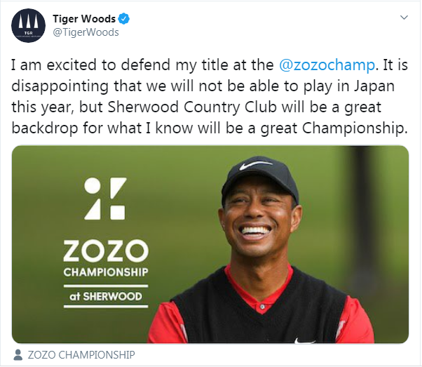 Tiger Woods xác nhận trên Twitter rằng sẽ tham dự Zozo Championship 2020
